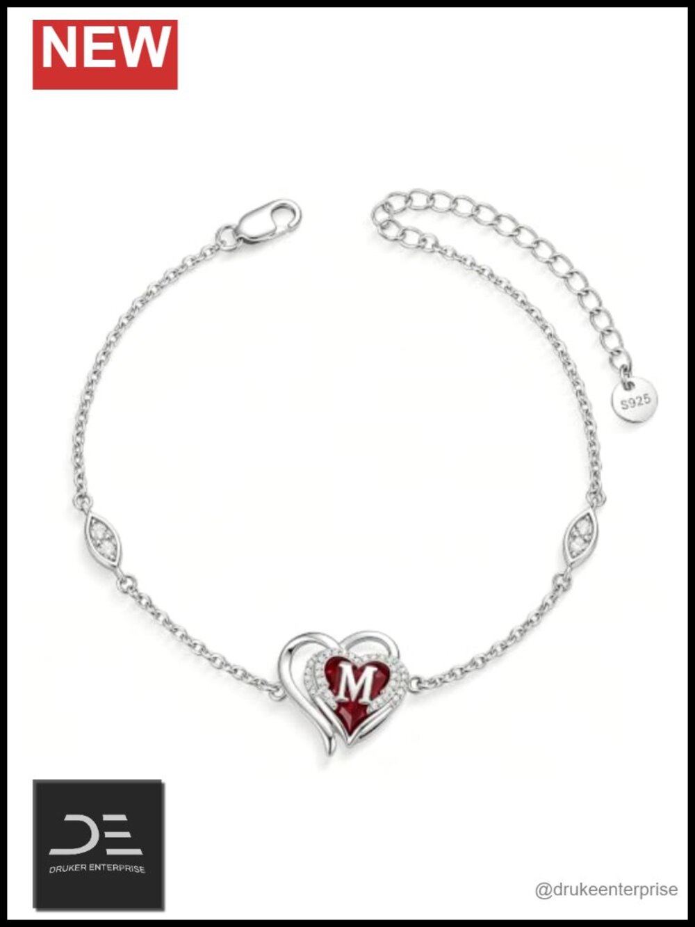 925 Sterling Silver Heart Angel Wings Initial Bracelet for Women
